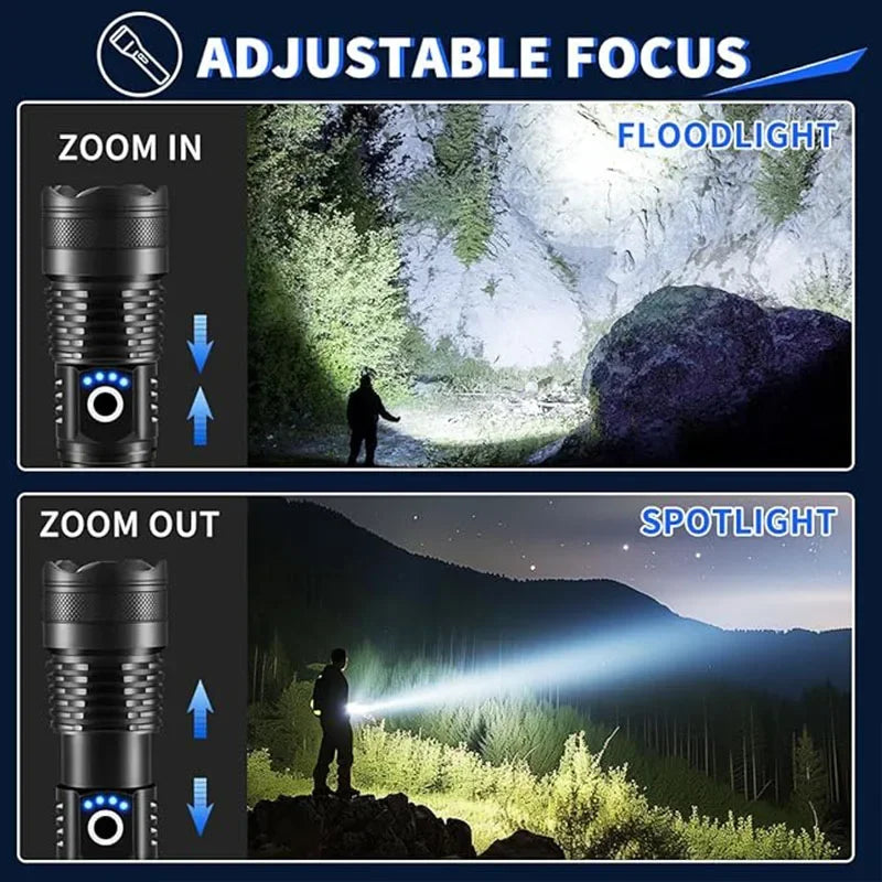 High Power Strong Light Long Range LED Flashlight USB Rechargeable Defense Flashlight Outdoor Telescopic Zoom Super Bright Torch
