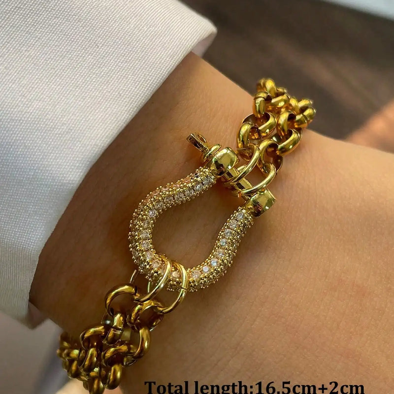 1PC Luxury Gold& Silver Horseshoe Bracelet,Chunky Chain Bracelet,Stainless Steel Chain,Unique Bracelet, for Daily & festival