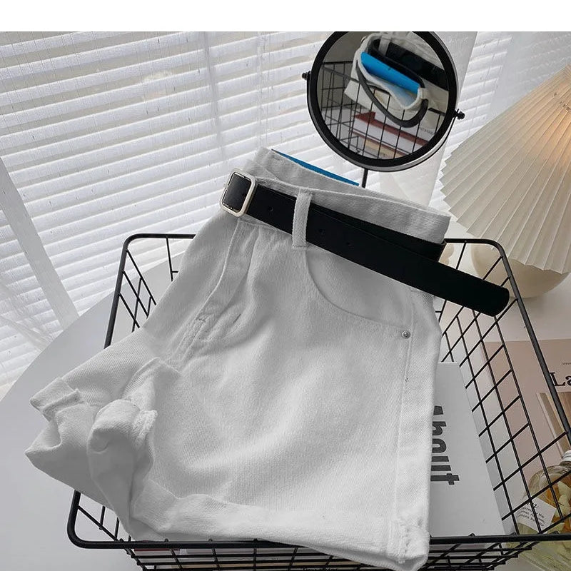 Korean Summer Wide Leg High Waist Denim Shorts With Belt Women Fashion Pocket Hot Pants Streetwear Casual Cowboy Jeans Shorts