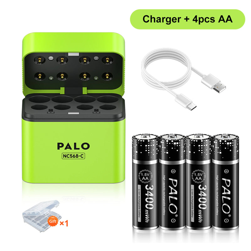 PALO 3400mWh Li-ion 1.5V AA and AAA Rechargeable Batteries with 8-channel magnetic flip charger for 1.5V 2A 3A Lithium Batteries