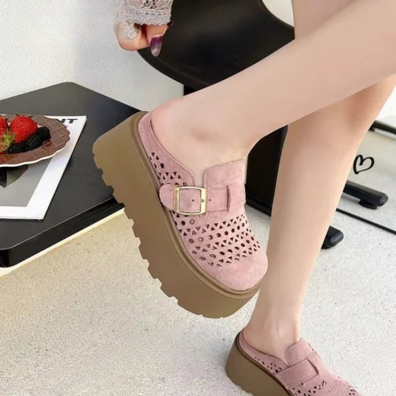 Women's Summer Perforated Mules | Retro Suede Adjustable Buckle Closed-Toe Slides | Platform Wedge Sandals for Height Boost