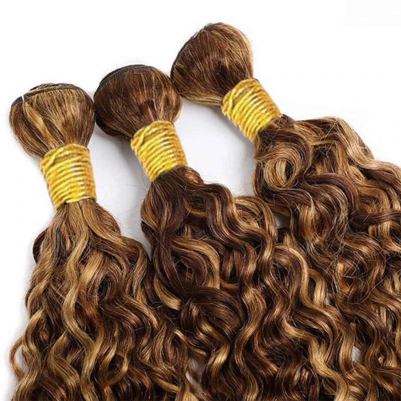 Highlight Water Wave Bundles P4/27 Honey Blonde Water Wave Human Hair Bundles 1/ 3 / 4 Bundles 30 Inch Deep Curly Wet and Wavy