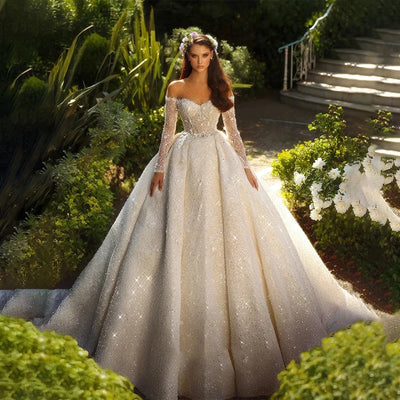 Customized Luxury Glistening A Line Wedding Dress Tulle | SAMAG