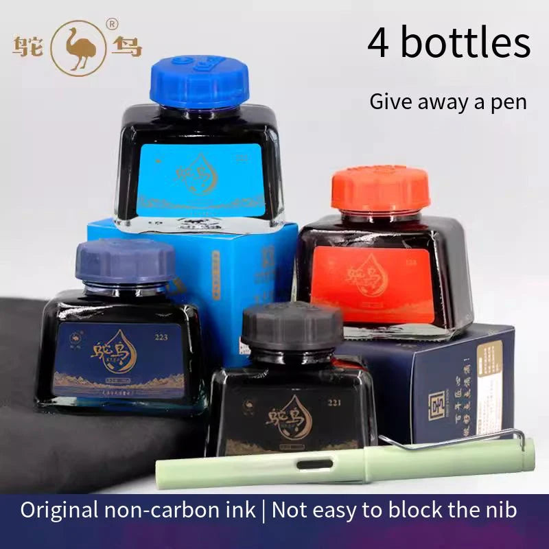 Ostrich 2-Series Fountain Pen Ink, 48ml - Non-clogging Carbon-Free in 4 Colors (Black/Blue/Blue-Black/Red)