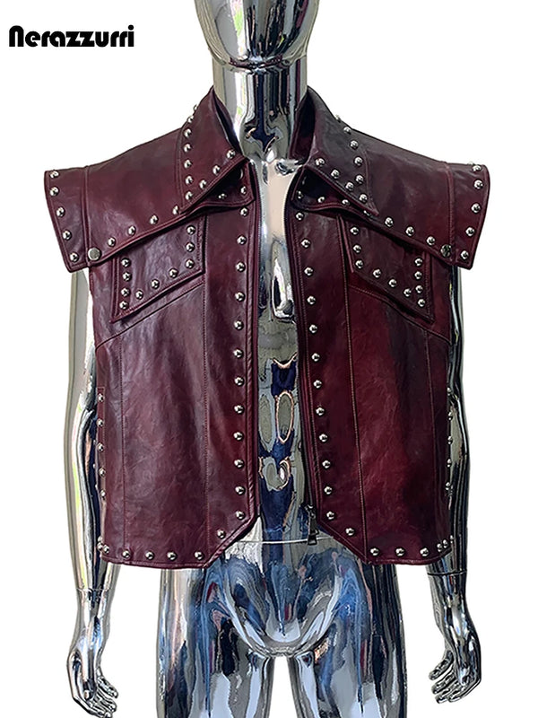Nerazzurri Summer Autumn Short Distressed Vintage Studded Pu Leather Sleeveless Jacket Men Punk Style Menswear  Clothes Vest