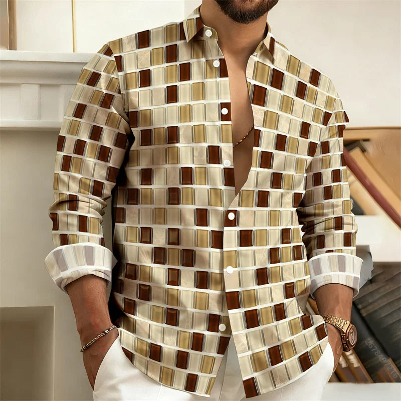 Best-Selling Men's 3D Printed Plaid Long-Sleeved Shirt | SAMAG
