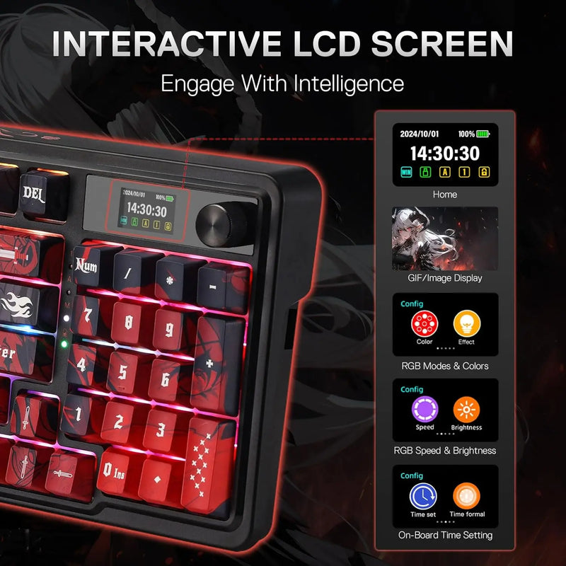 Redragon Wireless Gasket Gaming Keyboard w/Hype Screen & Knob, 95 Keys Mechanical Keyboard, Easy