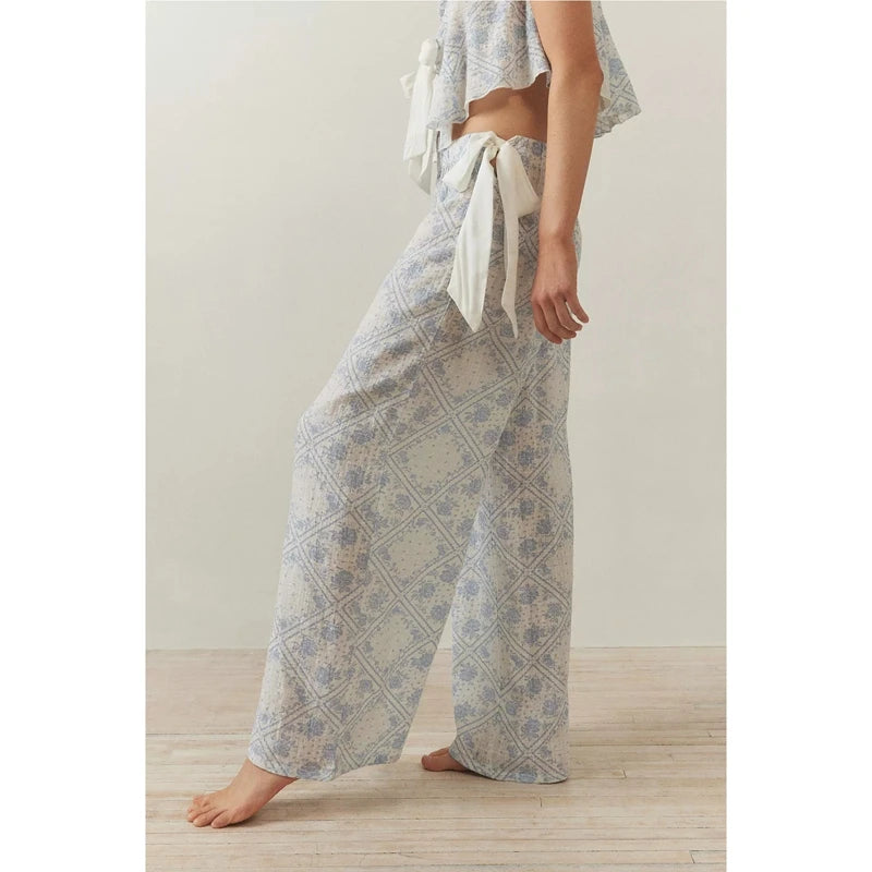 Combhasaki Women Floral Print 2Pcs Loungewear Pjs Set Fly Sleeve Front Bow Tied Ruffle V-Neck Crop Tops+Elastic Waist Long Pants