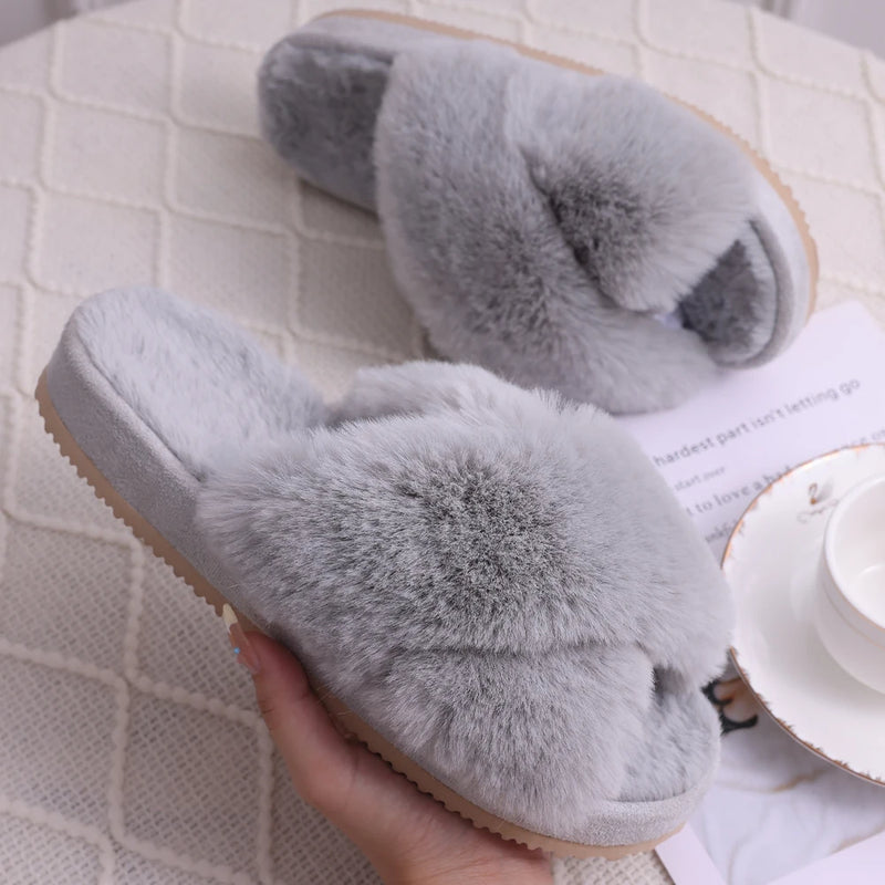Comwarm Women's Cross Band Fuzzy Slippers Fluffy Open Toe House Slippers Cozy Plush Bedroom Shoes Indoor Outdoor Fur Sandals