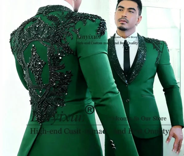 Sparkly Diamond Beaded Men Suit 3 Pieces Set Male Business Blazers Customized Groom Wedding Tuxedos Slim Gem trajes para hombre