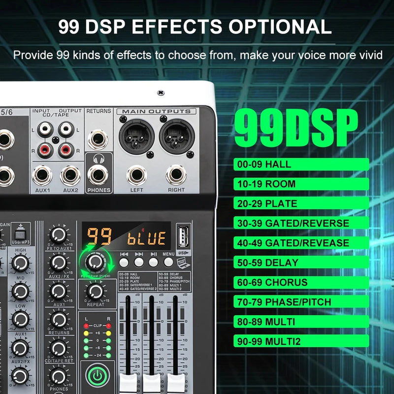 FUHAM KP4 Professional Audio Mixer 4 6 Channel Sound Console with 99 DSP Effects XLR Mic Input 48V Phantom Power for DJ Studio R