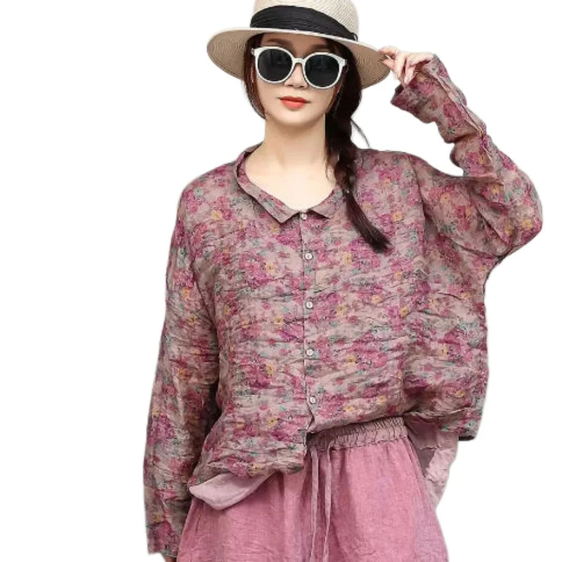 Women Summer Floral Lightweight Ramie Long - sleeve Shirt - View 6 | SAMAG