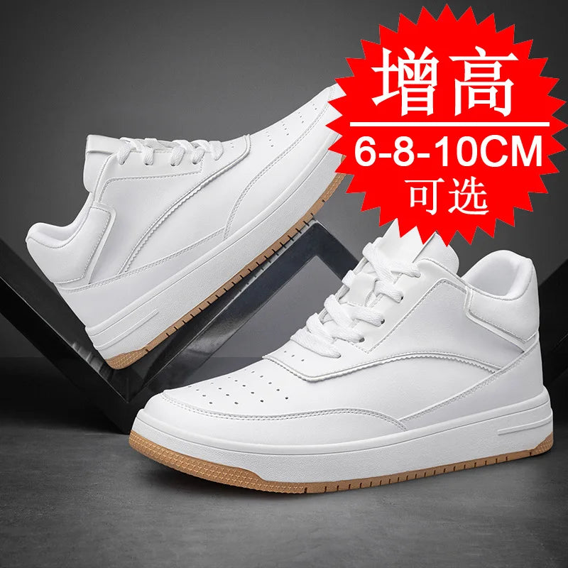 Men's Invisible Height Increasing Elevator Shoes 6cm 8cm 10cm Pure White Light-Weight Lace-up Genuine Leather Sporty Sneakers