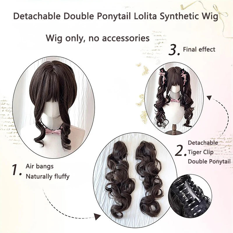 Blonde Pigtail Wig Long Curly Sweet Lolita Wigs with Bangs Heat Resistant Synthetic Hair For Women Halloween Cosplay Party Daily