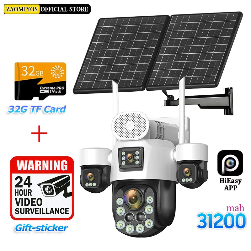 4 Lens Outdoor 360° Surveillance Solar Camera 20MP 60X Optical Zoom 4G SIM Home Security PTZ Auto Track AOV 24/7 Record CCTV Cam