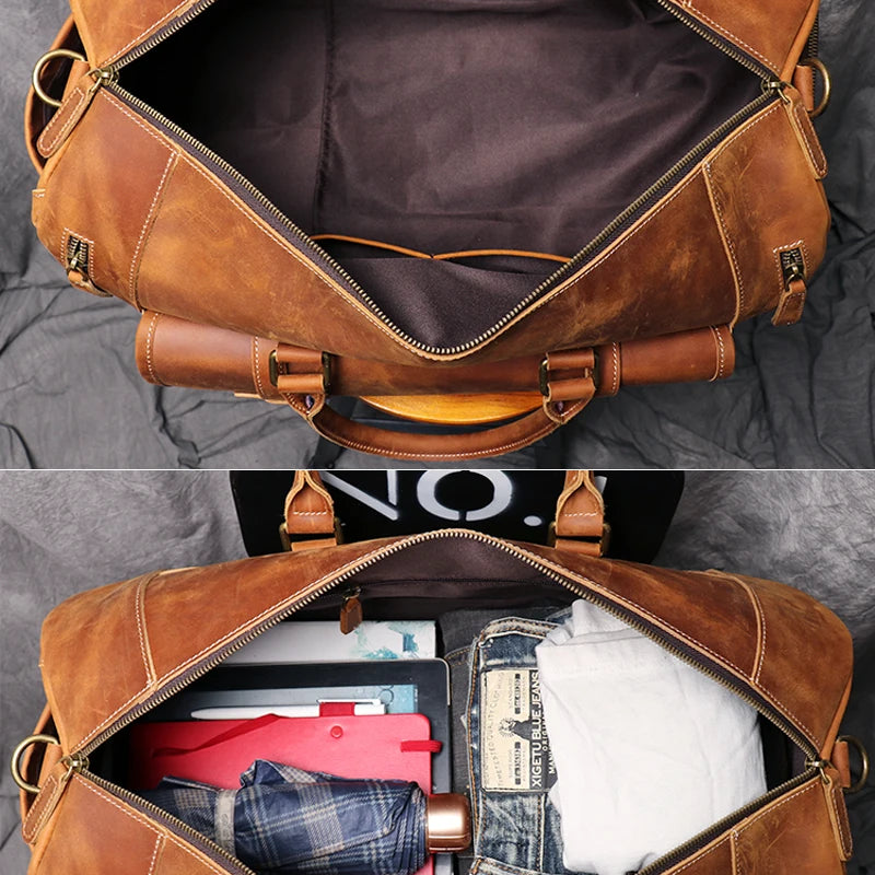 MUNUKI Vintage Crazy Horse Genuine Leather Travel bag  Large Luggage bag men Leather duffle bag Large Weekend Bag Tote Big