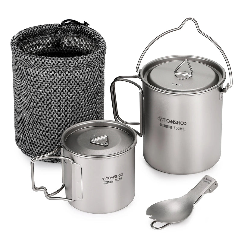 Tomshoo 3 PCS Titanium Cookware Set Ultralight 750ml Pot 450ml Water Cup Mug w Lid Folding Spork for Outdoor Camping Backpacking