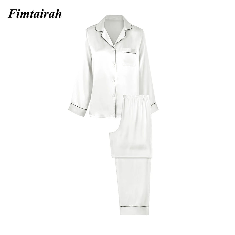 19MM 6A Silk Pajamas For Women's Summer Long sleeved Pants Women Sleapwear pj Nightwear  2pieces 100% mulberry Silk suit
