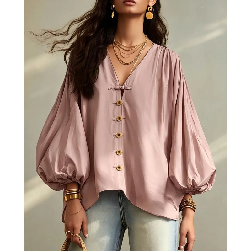 Autumn New Solid Color Fashion Single-breasted Loose Women Shirt Casual Retro Lantern Long-sleeved Versatile Female Vacation Top