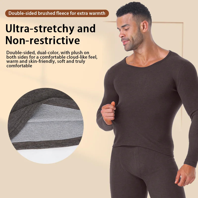 Winter Long Johns Men's Thermal Underwear Thickened Cashmere Silk Base Layer Set  Fleece Warm Pajamas Set Round Neck