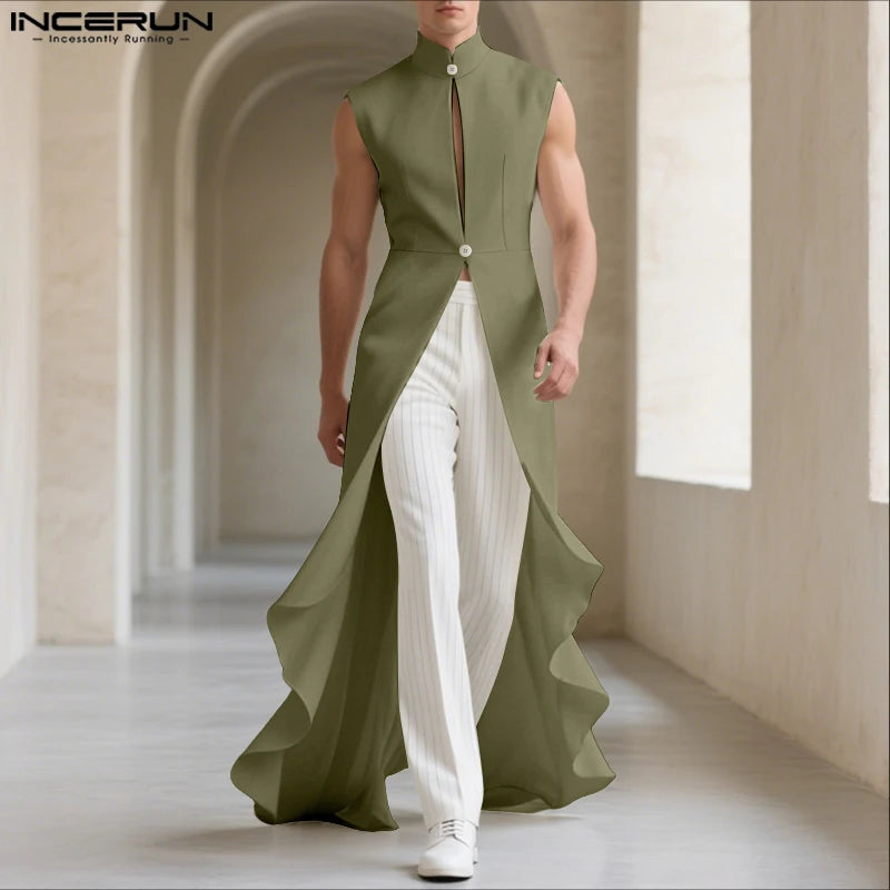 INCERUN Men Vests Solid Color Stand Collar Sleeveless Male Long Style Waistcoats Streetwear 2025 Fashion Casual Male Dress Vests