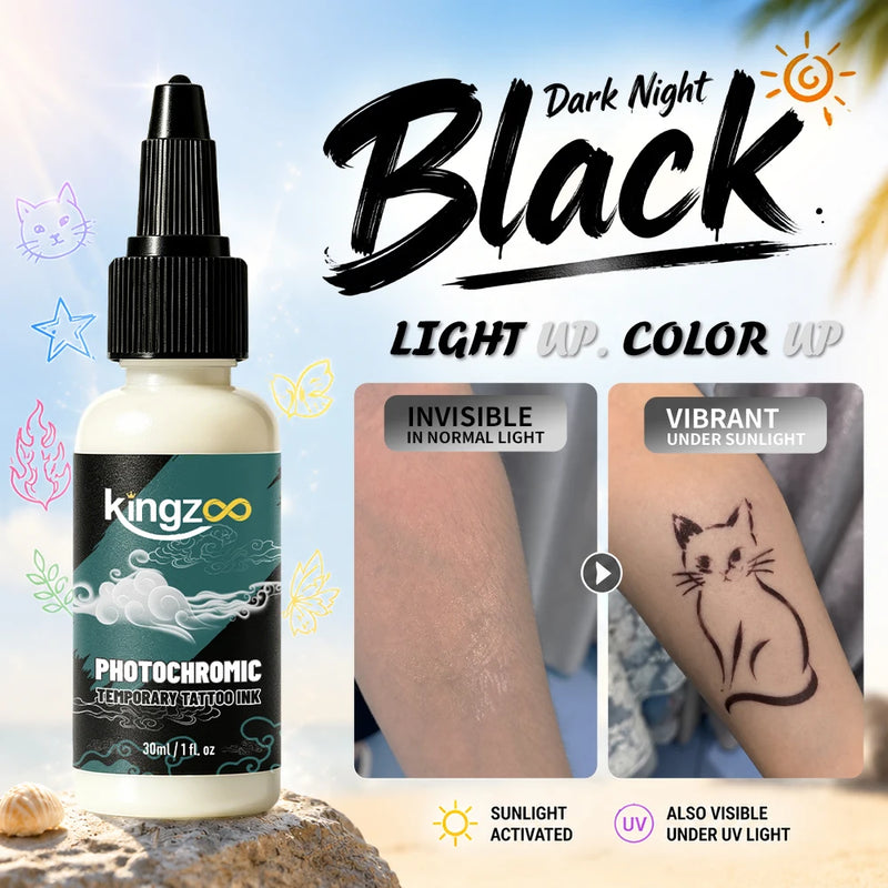 KINGZOO Temporary Tattoo Ink Sun Activated Color Changing Body Art Paint Airbrush Paint for Festival Party Beach Halloween 30ML