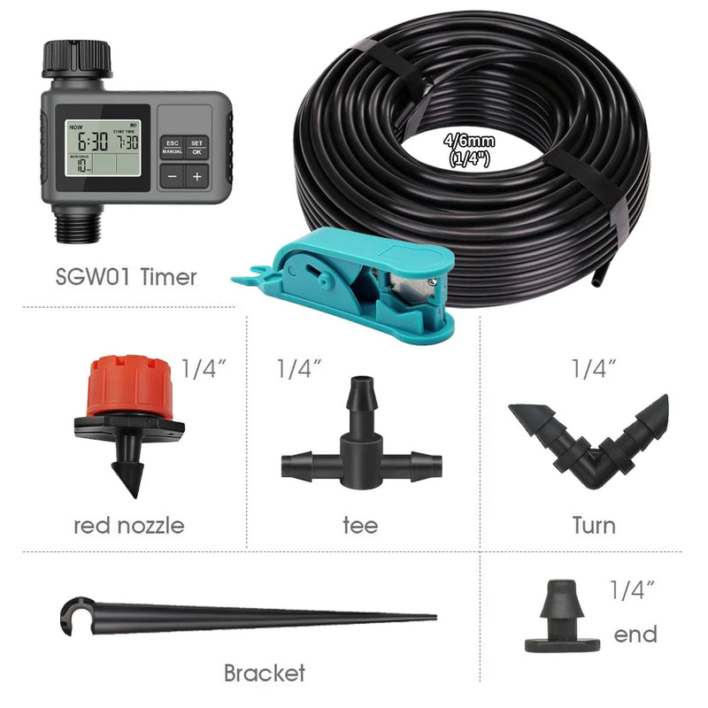 30-5m Garden LCD Button Timer Irrigation Set 0-80L/H Rotating Adjustable Nozzle Intelligent Display Automatic Watering System