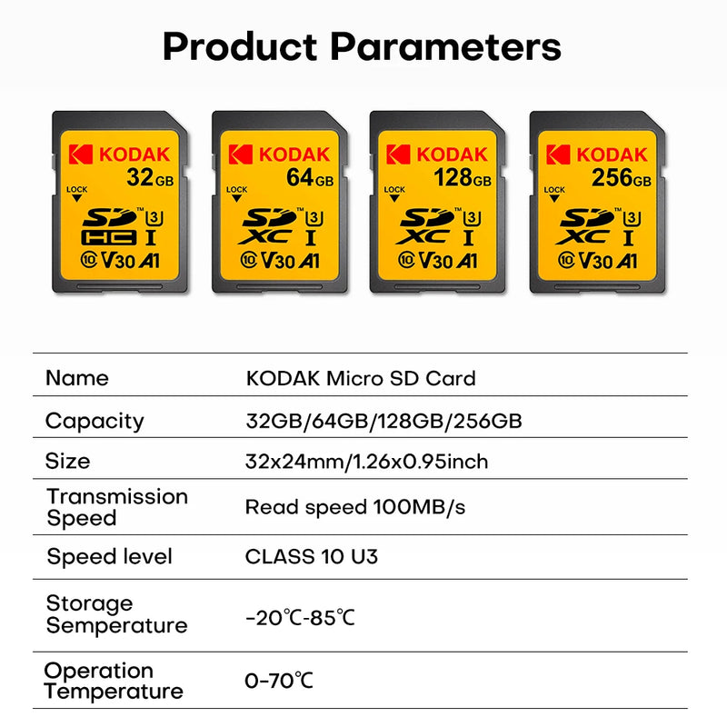 KODAK SD Card High speed SD Card U3 Class10 256GB 128GB 64GB 32G Full Size Flash SD Memory Card High Speed for Camera