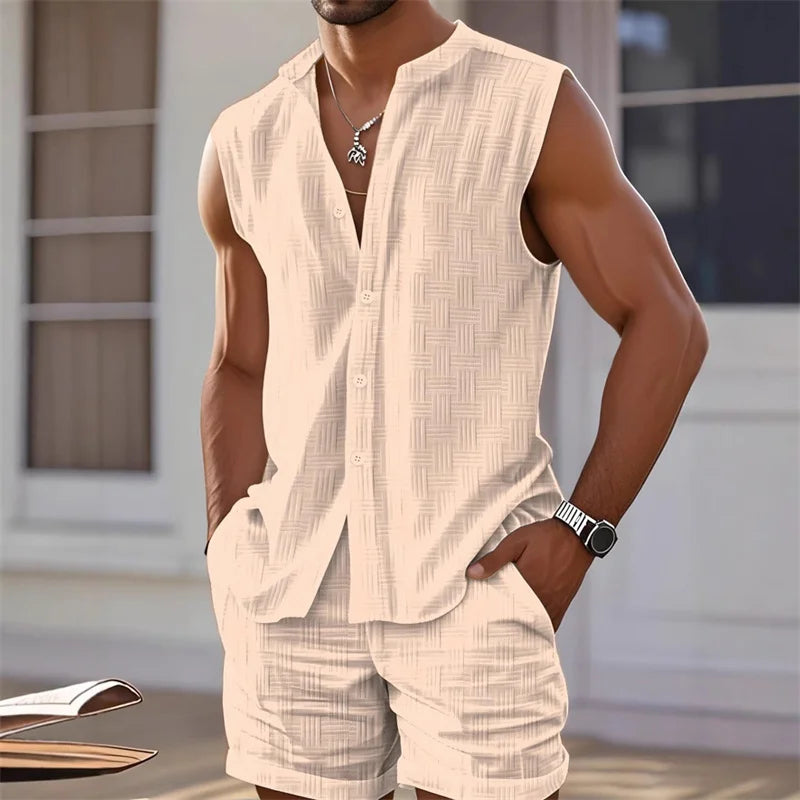 Men's Vest Shirt, Sleeveless Top and Shorts Plaid Two - Piece Set, Casual Trendy Hawaiian Beach - View 4 | SAMAG