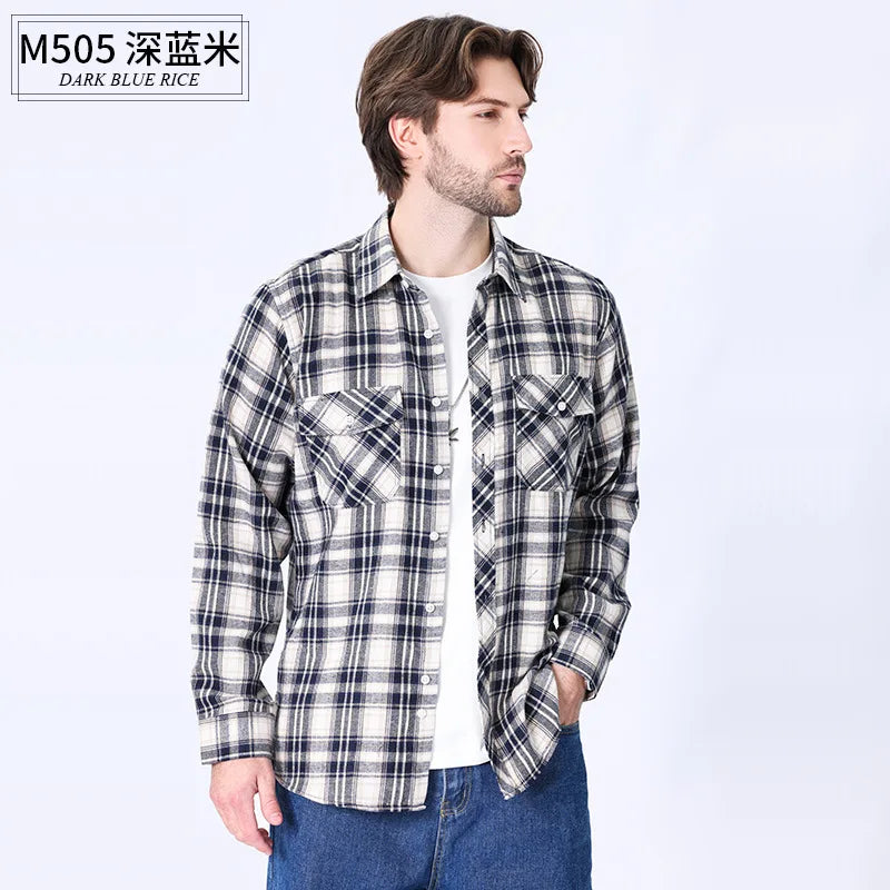 American size men's long-sleeved shirt autumn and winter flannel coat plaid casual non-ironing large size with pockets
