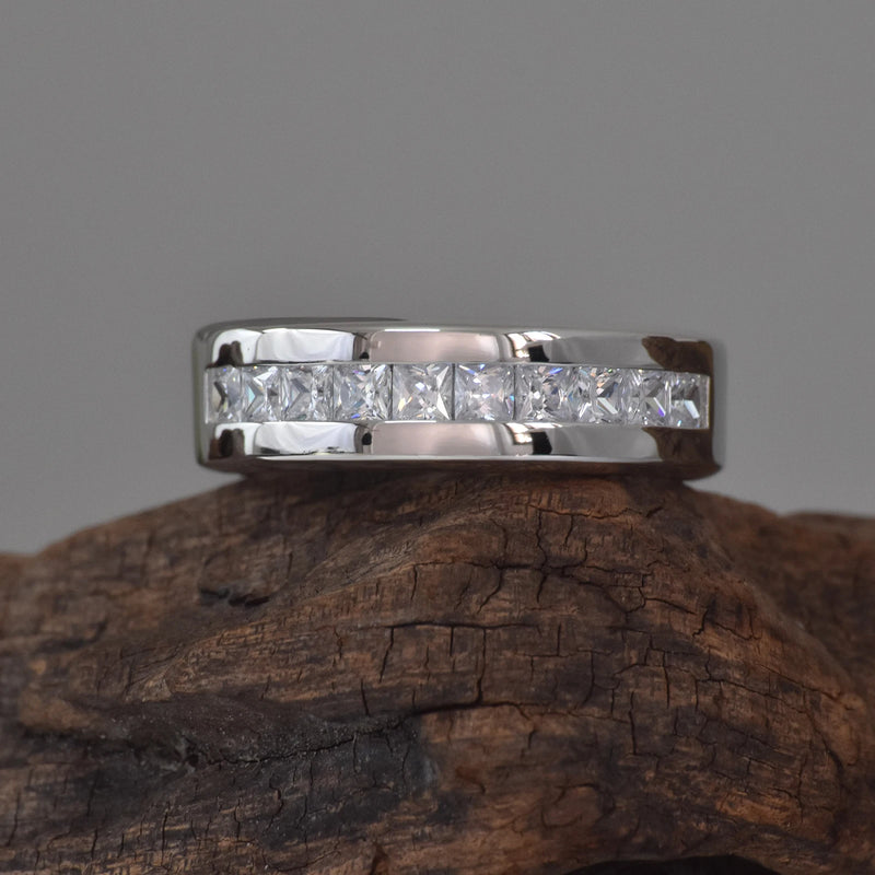 Newshe 925 Silver Certified Moissanite Mens Wedding Band Half Eternity Princess Cut Lab Created Diamond Ring Luxury Jewelry