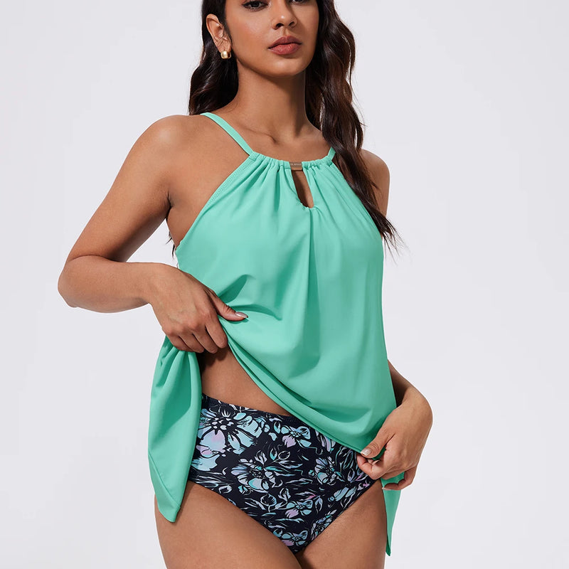 Women Ruffled Tankini Set Padded Halter Top Swimming | SAMAG