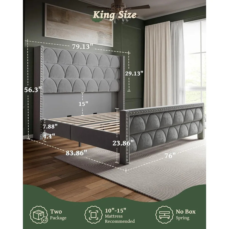 King Size Velvet Wingback Bed Frame with 56 Headboard and 1000lbs Capacity Support, Noiseless Platform Design