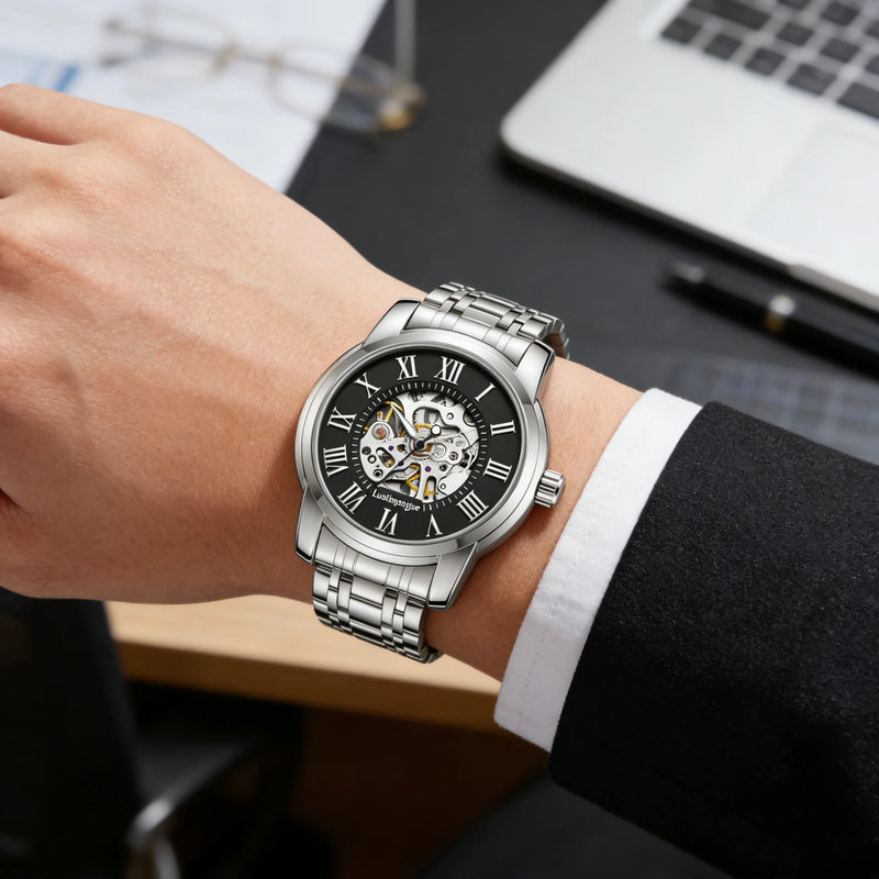Elegant Men's Automatic Mechanical Watch with Skeleton Design - Leather Strap, Roman Numeral Dial, Automatic Movement, Perfect for Business and Casual Wear, Ideal Gift for Young Men, Business Casual Men's Watch | Skeleton Wat