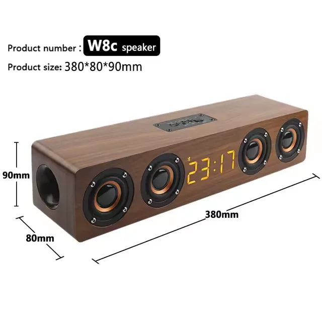 W8C 12W Wooden Bluetooth Speaker With 4 Loudspeakers 52mm Diameter TF Card Playback 3.5mm AUX Audio Input FM Radio Clock & Alarm