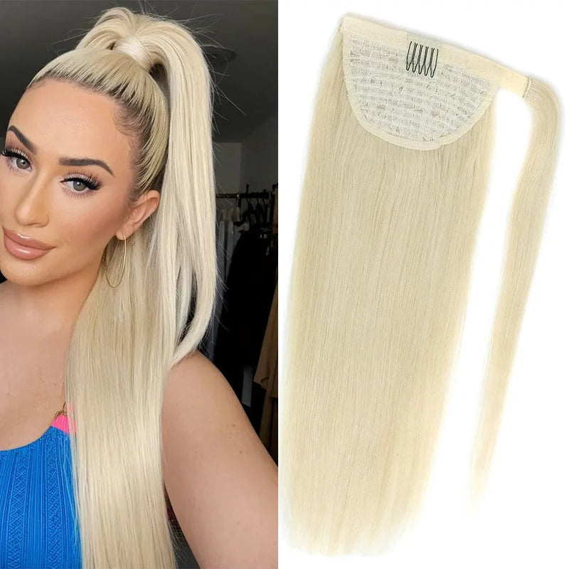 Straight Human Hair Ponytail Wrap Around Horsetail Clips-In Brazilian Remy Hair Ponytail Wig 120g