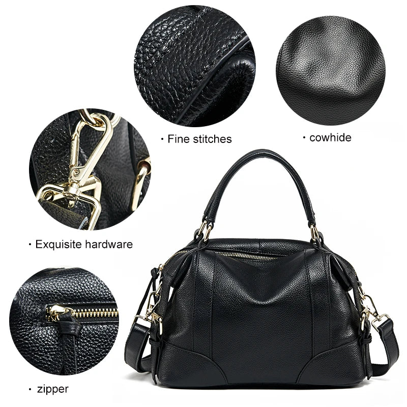 Aidrani  New women's retro handbag, large capacity Boston bag, made of cowhide material, black