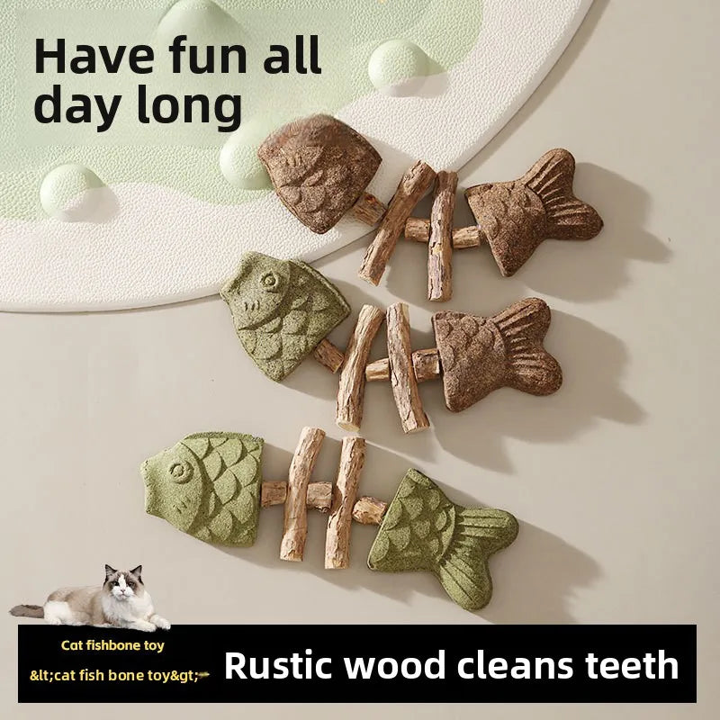 Cat Toy Fish Bone Shape Silvervine Stick Natural Wooden Chew Toy for Kitten Teething Interactive Play