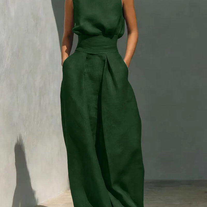 2026 Sleeveless Top+Wide Leg Pants Summer Casual Two-Piece Set Elegant And Loose Office Set High Street Pocket Women's Suits