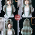 28Inch Lolita Style Mint Chocolate Synthetic Wigs with Bangs Long Natural Straight Hair Wig For Women Cosplay Heat Resistant