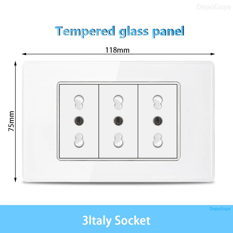 White Tempered Glass Italy USB Type C Smart Fast Charging Wall Socket Plugs Schuko Light Switch Panel Chile TV Sat Computer CAT6