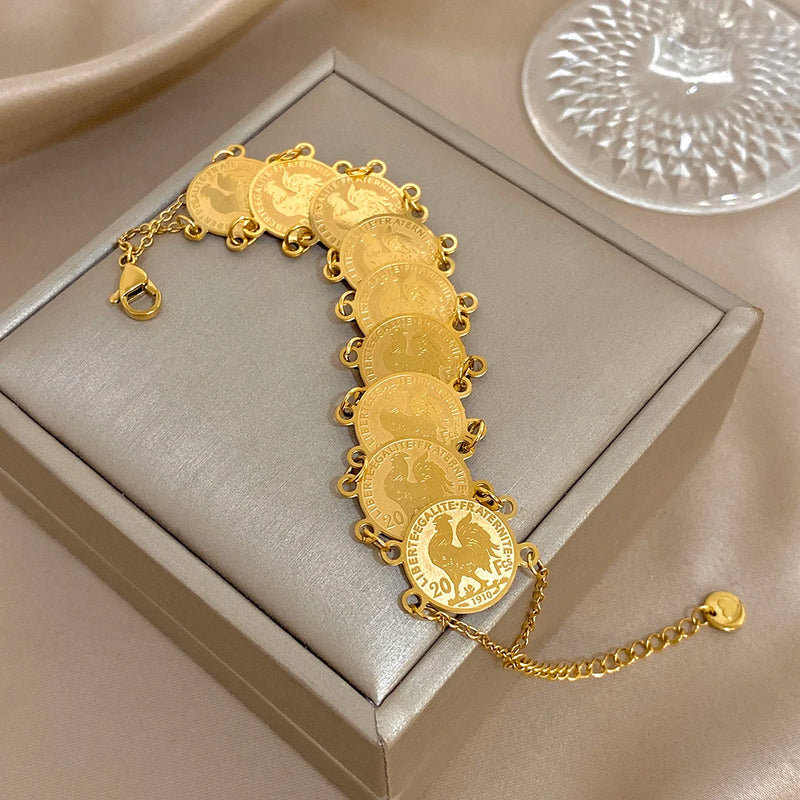 Vintage Gold Plated Stainless Steel Coins Wrist Bracelet for Women Men Classic Ethnic Cuff Bracelets Waterproof Jewelry