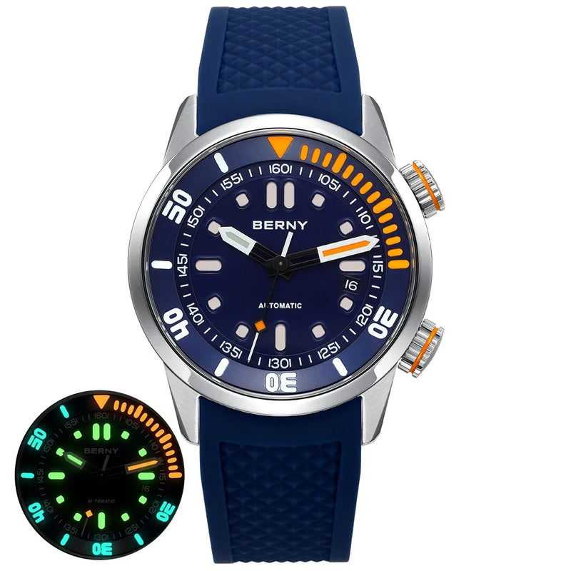 BERNY Automatic Dive Watch for Men Super Luminous 20ATM Diver Wristwatch Original Top Sapphire Swim Sport Mechanical Male Watch