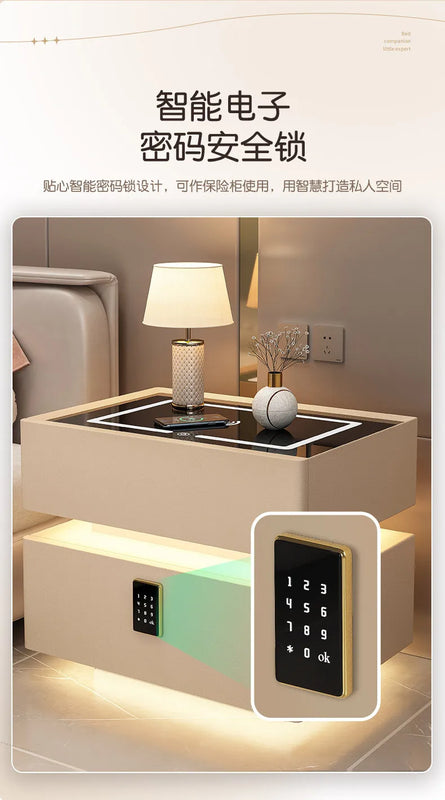 Modern Style Solid Wood Bedside Table with Wireless Charging Smart 2 Drawers Bedroom Nightstands with Lock 40/45/50cm