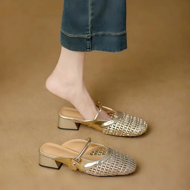 Women’s Mesh Cutout Closed Toe Mule Sandals | Summer 2026 Mid Heel Breathable Slip On Woven Strap Slides