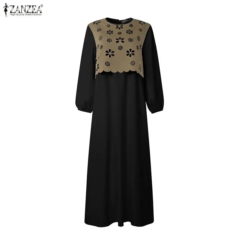 Women Muslim Dress Elegant Long Sleeve Hollow Out Fabric | SAMAG