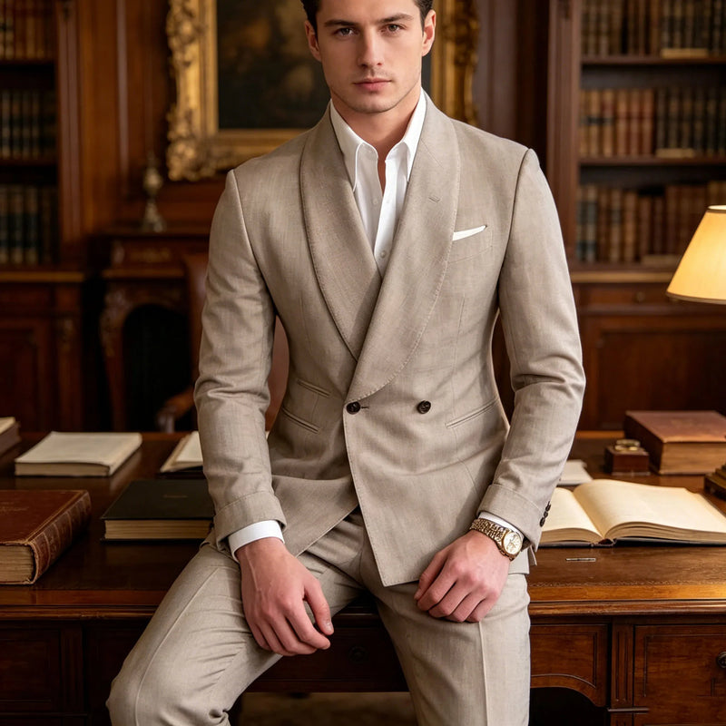 Men's Linen Suit 2-Piece Khaki Shawl Collar Double-Breasted Slim Fit Breathable Jacket and Pants Formal Set for Summer Business