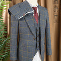 High Quality 3 Piece Checkered Suit Set Dark Blue Stylish Business Office Wedding Formal Outfit Elegant Full Man Dinner Suit