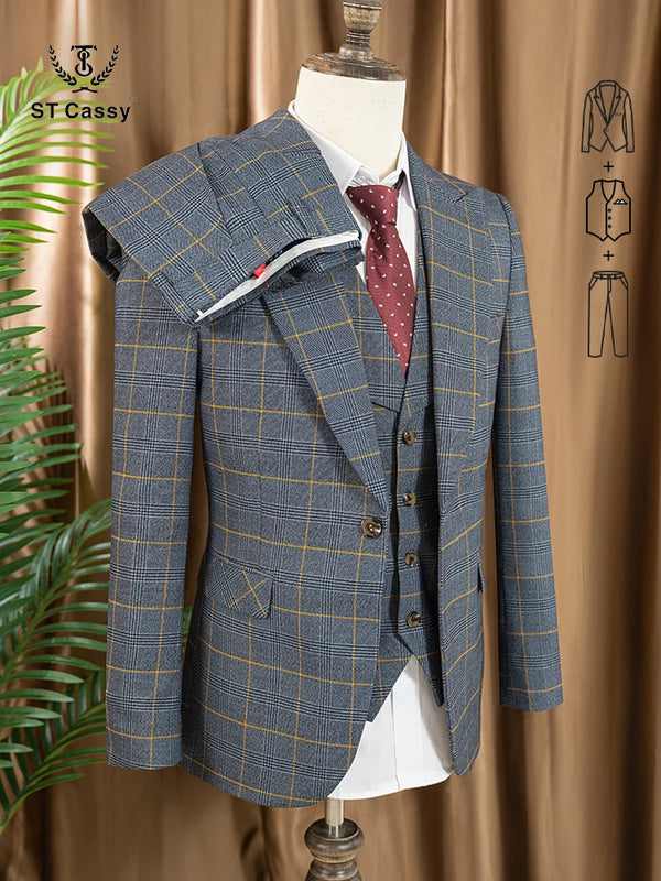 High Quality 3 Piece Checkered Suit Set Dark Blue Stylish Business Office Wedding Formal Outfit Elegant Full Man Dinner Suit