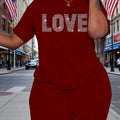 Women's Oversized Casual T-Shirt and Shorts Set, with Round-Neck Short-Sleeved Knitted Fabric and Lettered Heart Print, Suitable